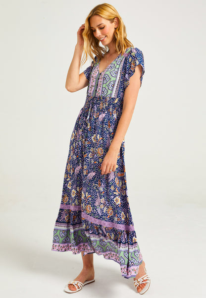 Floral Summer Maxi Dress with Elasticated Waist in Navy - ANGELEYE