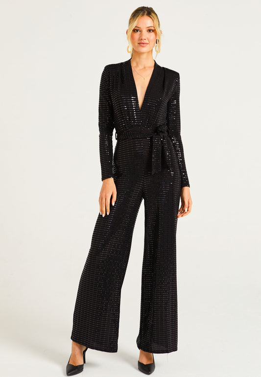 Sequin Plunge Neck Faux Wrap Jumpsuit in Black