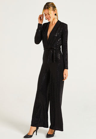 Sequin Plunge Neck Jumpsuit in Black