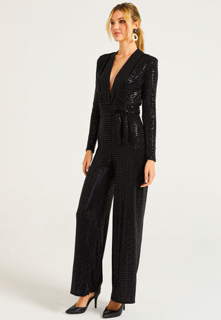 Sequin Plunge Neck Jumpsuit in Black