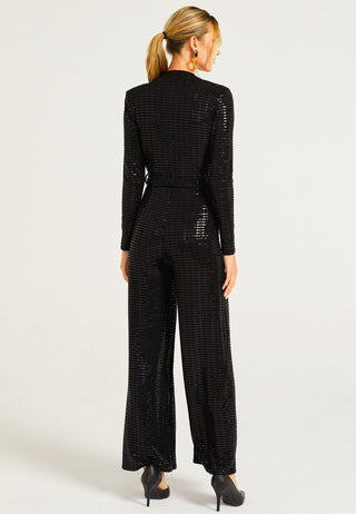 Sequin Plunge Neck Jumpsuit in Black