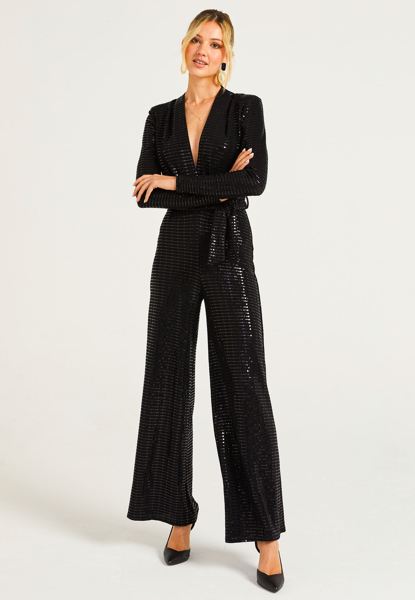 Sequin Plunge Neck Faux Wrap Jumpsuit in Black