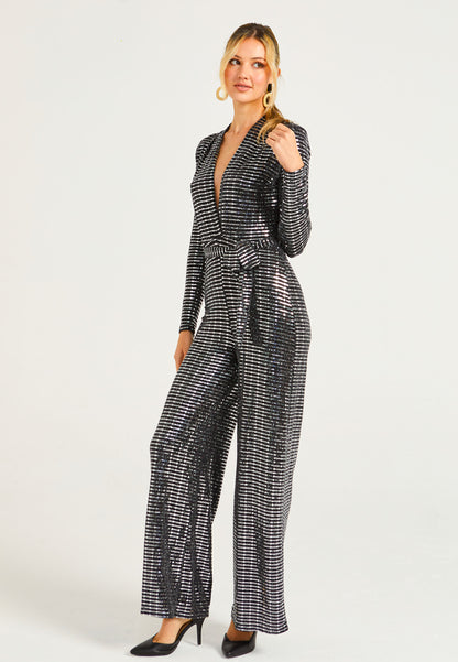 Sequin Plunge Neck Faux Wrap Jumpsuit in Silver - ANGELEYE