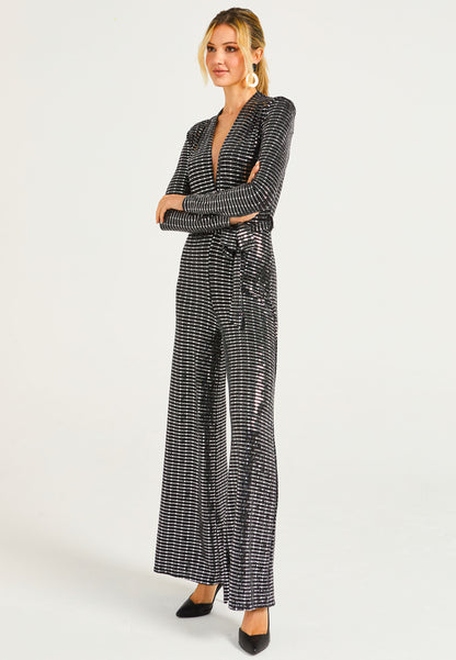 Sequin Plunge Neck Faux Wrap Jumpsuit in Silver - ANGELEYE