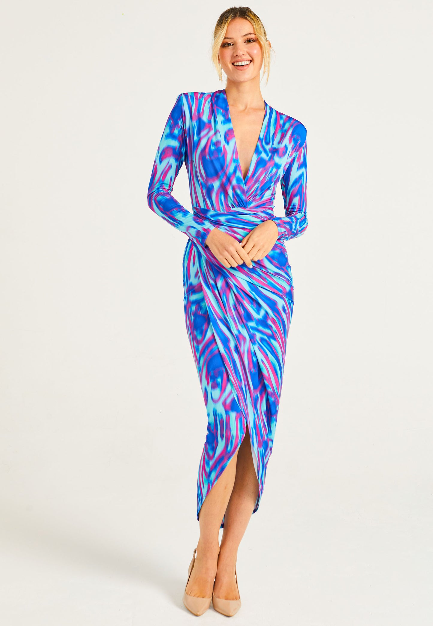 Plunge Neck Faux Wrap Print Midi Dress in Watercolour