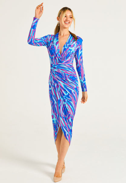 Plunge Neck Faux Wrap Print Midi Dress in Watercolour - ANGELEYE