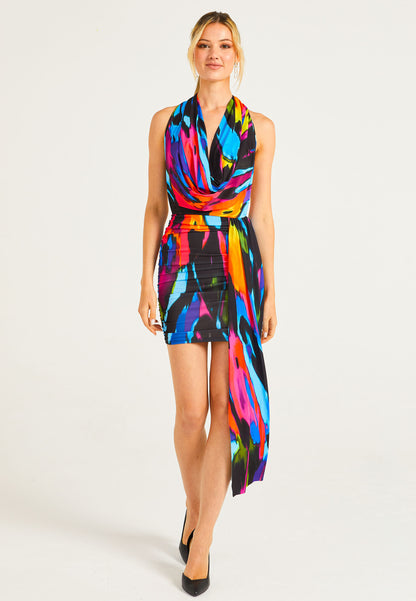 Cowl Neck Rainbow Mini Dress with Train - ANGELEYE