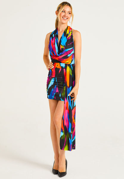 Cowl Neck Rainbow Mini Dress with Train - ANGELEYE