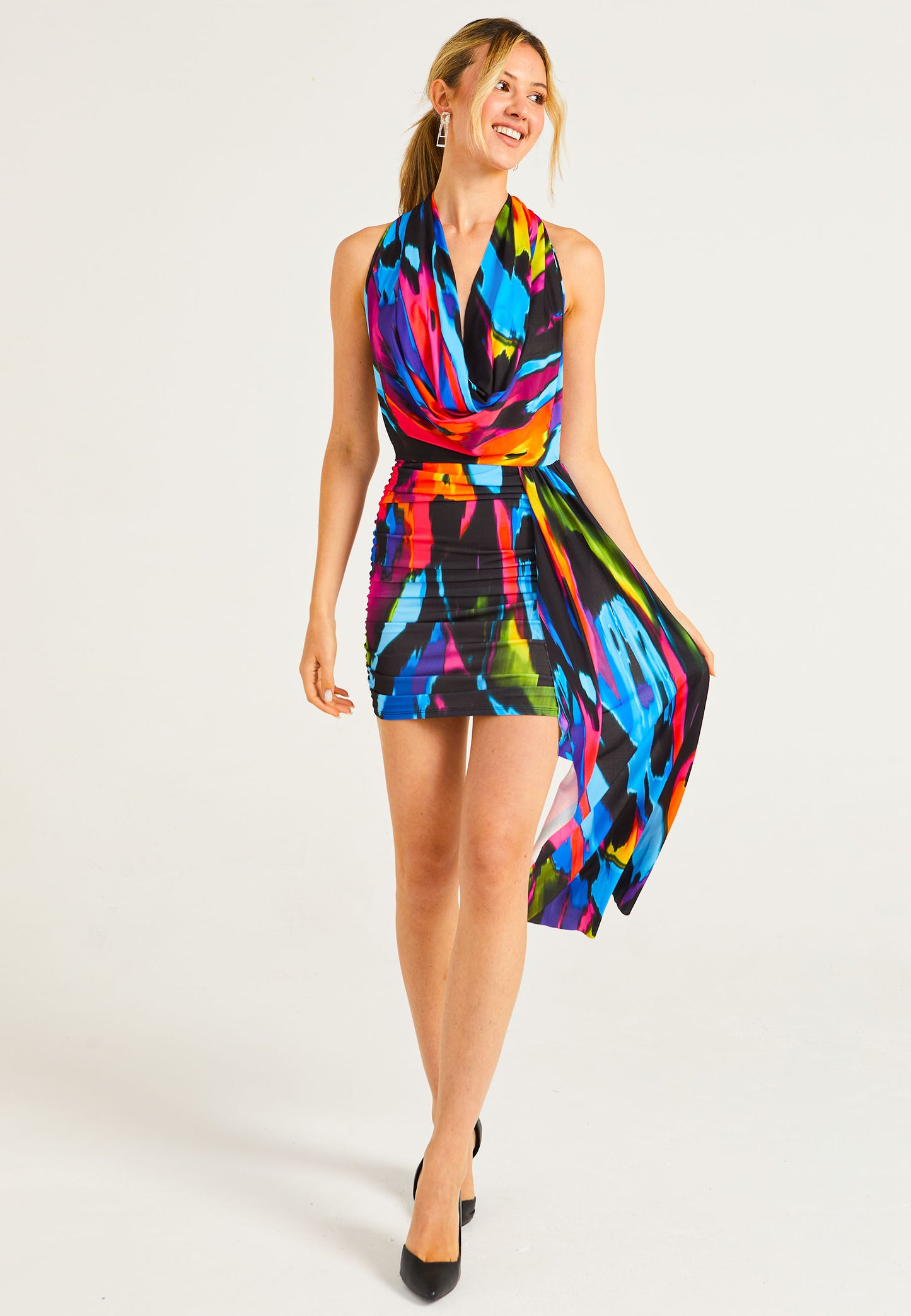 Cowl Neck Rainbow Mini Dress with Train