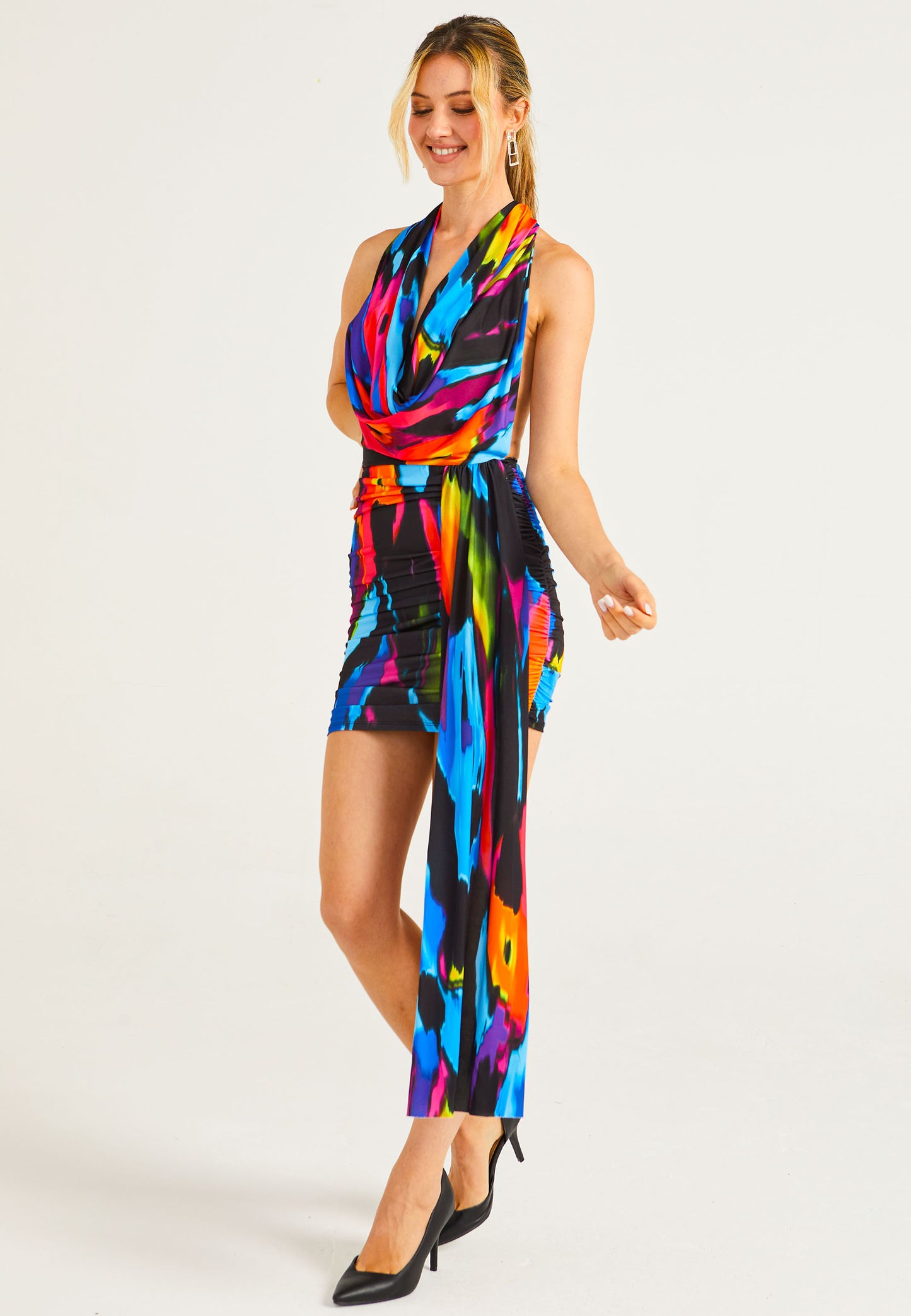 Cowl Neck Rainbow Mini Dress with Train