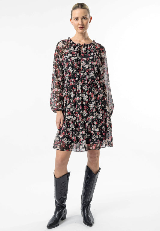 Tie Neck Floral Mini Dress with Elasticated Waist in Black