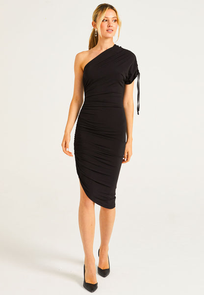 BodyCon Midi Dress With One Shoulder Adjustable Sleeve - ANGELEYE