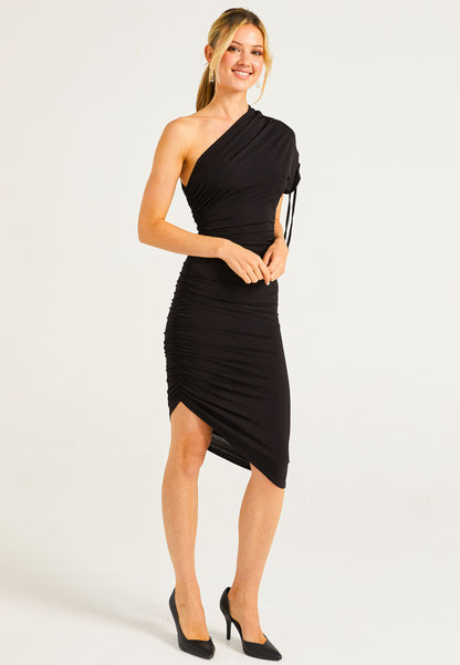 BodyCon Midi Dress With One Shoulder Adjustable Sleeve - ANGELEYE