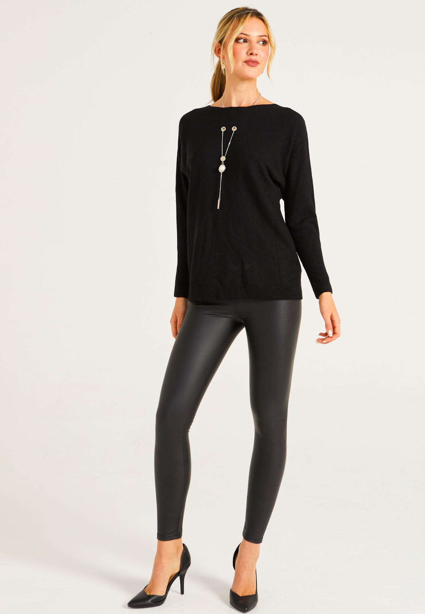 Batwing Knitted Jumper With Necklace in Black