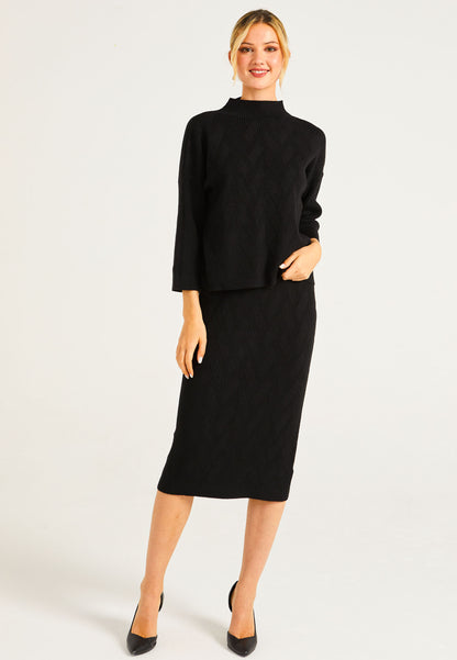 Knitted Pattern Mock Neck Jumper & Midi Skirt Set In Black - ANGELEYE