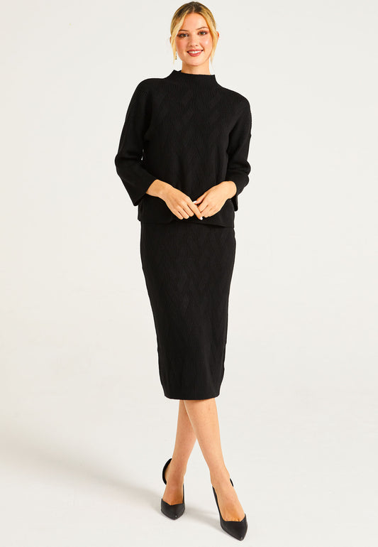 Knitted Pattern Mock Neck Jumper & Midi Skirt Set In Black