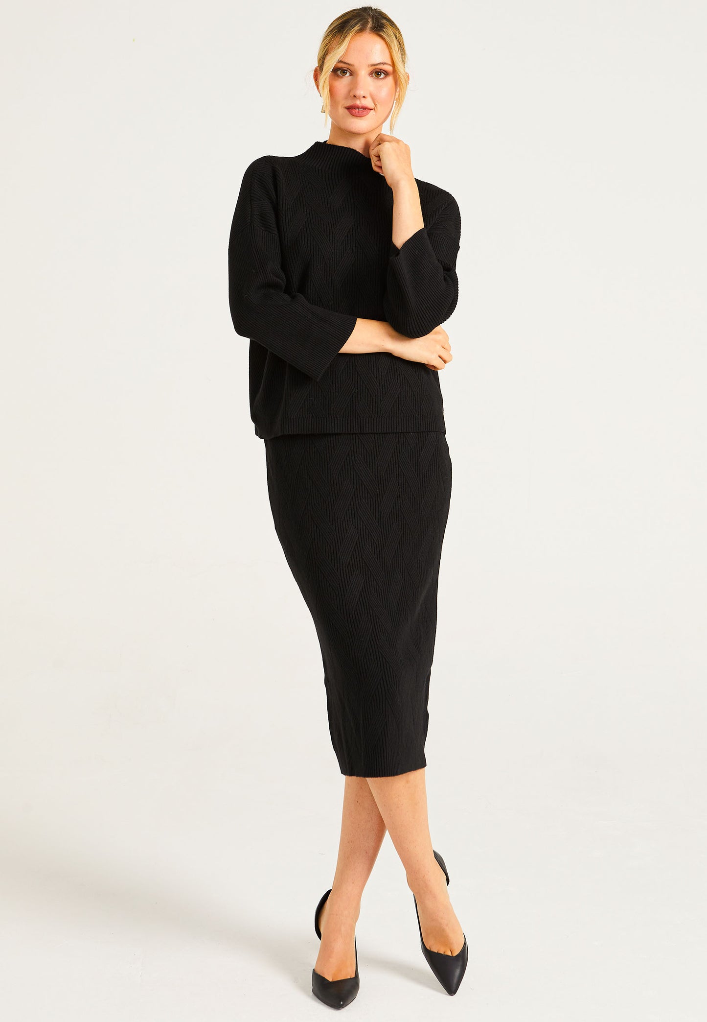 Knitted Pattern Mock Neck Jumper & Midi Skirt Set In Black