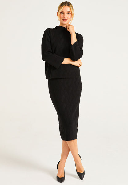 Knitted Pattern Mock Neck Jumper & Midi Skirt Set In Black - ANGELEYE