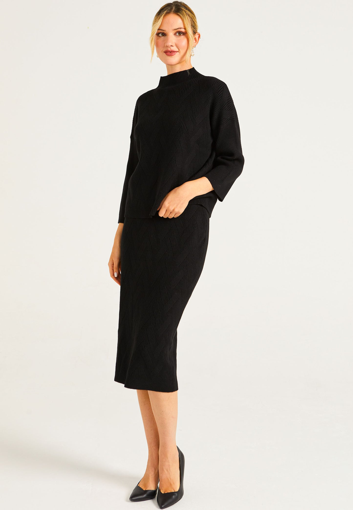 Knitted Pattern Mock Neck Jumper & Midi Skirt Set In Black