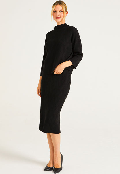 Knitted Pattern Mock Neck Jumper & Midi Skirt Set In Black - ANGELEYE