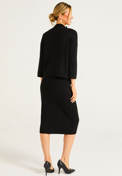 Knitted Pattern Mock Neck Jumper & Midi Skirt Set In Black - ANGELEYE