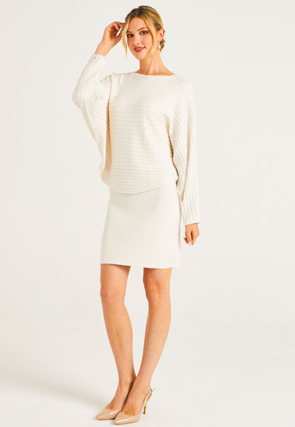 Knitted Mini Sleeveless Dress & Batwing Jumper Set In Apricot - ANGELEYE