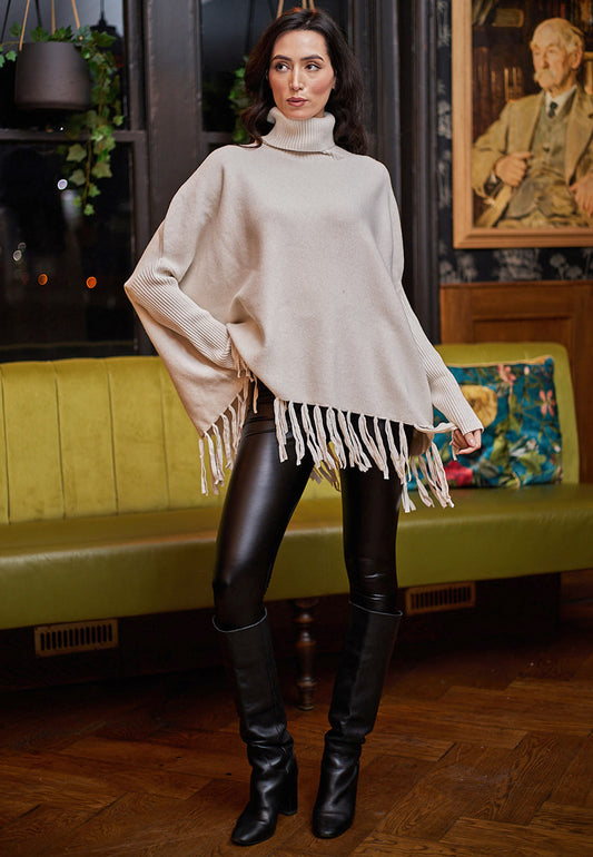 High Neck Oversized Jumper With Tasseled Hem In Cream