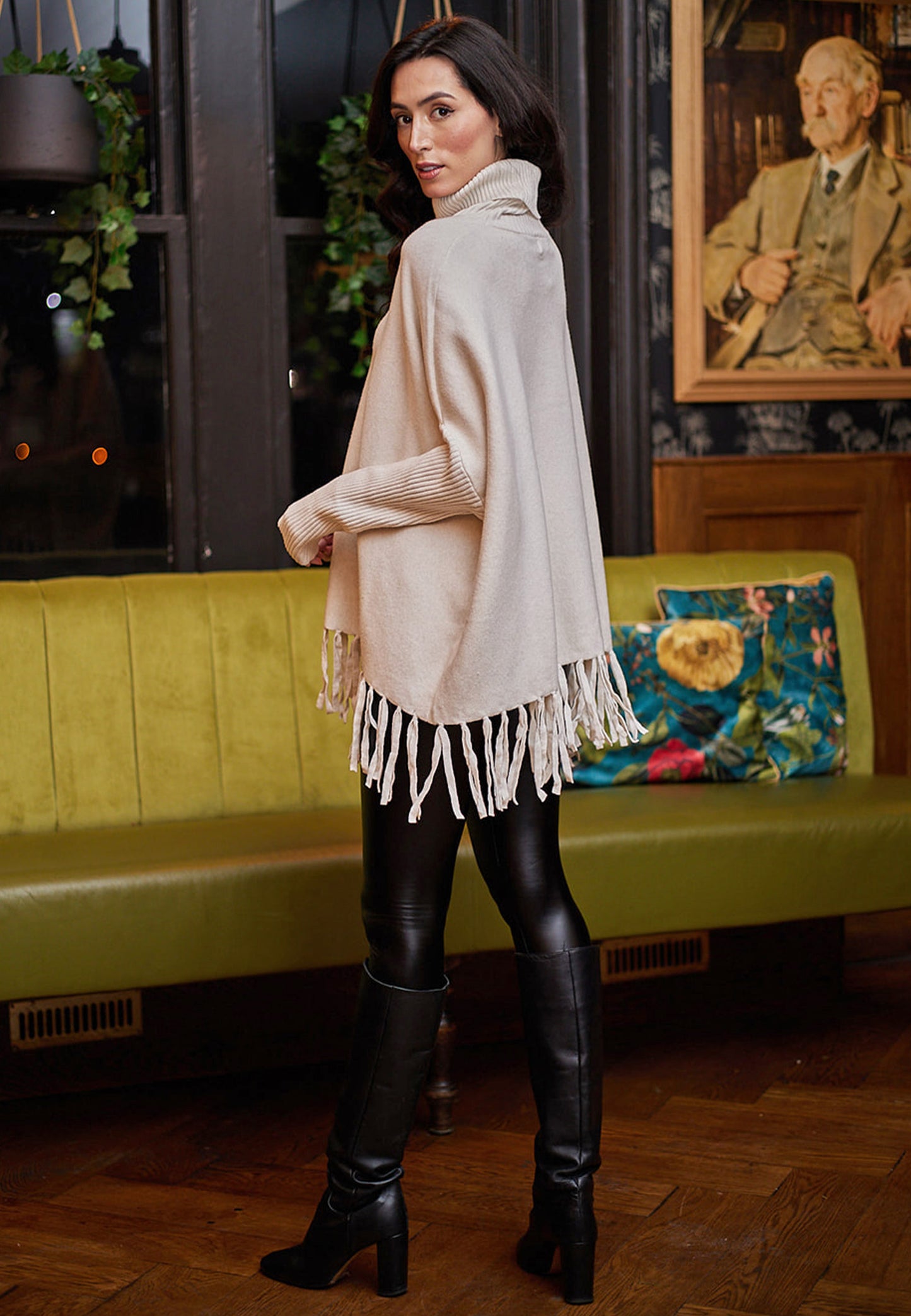 High Neck Oversized Jumper With Tasseled Hem In Cream