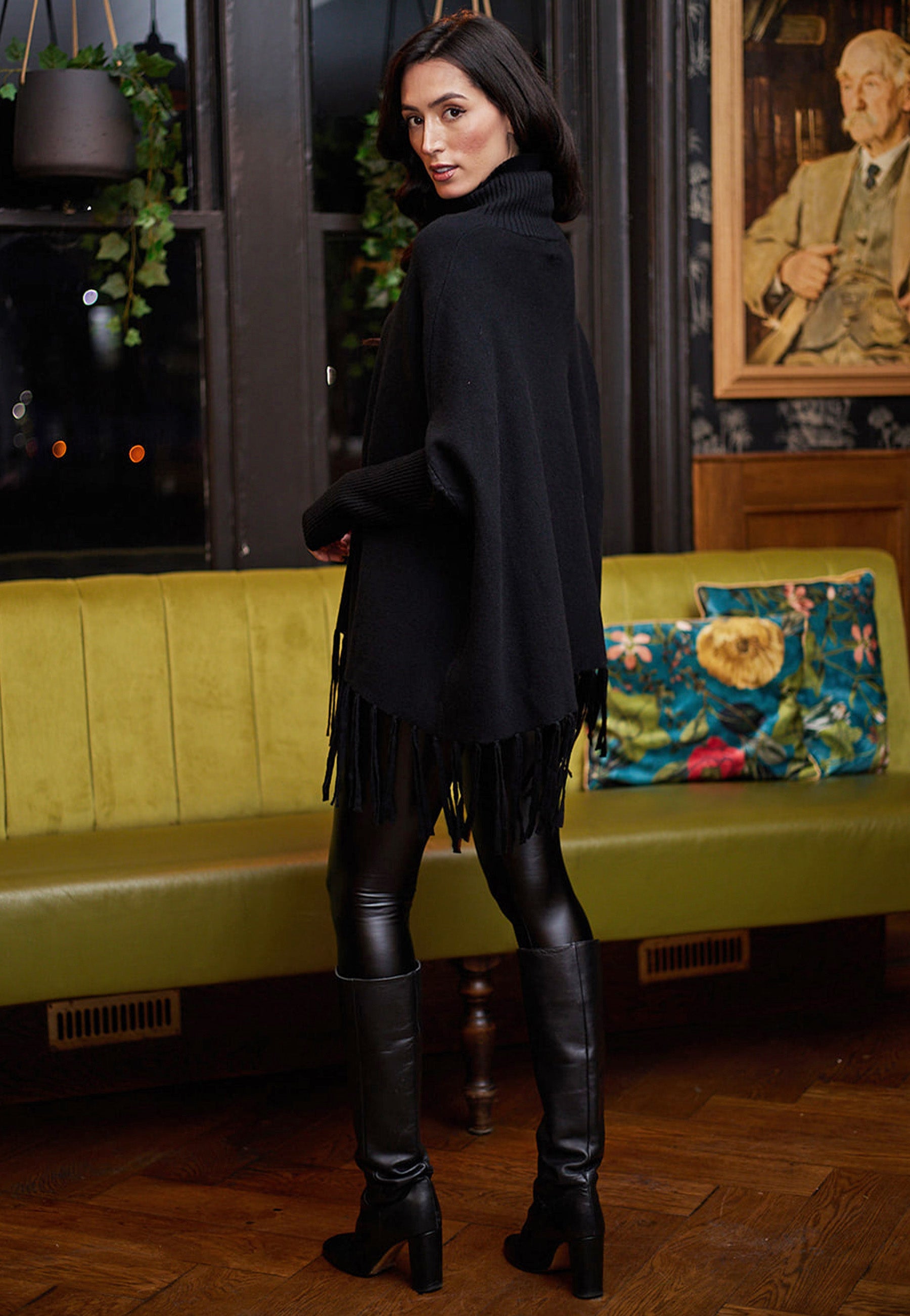 High Neck Oversized Jumper With Tassel Hem In Black ANGELEYE