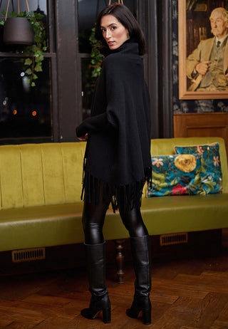 High Neck Oversized Jumper With Tassel Hem In Black