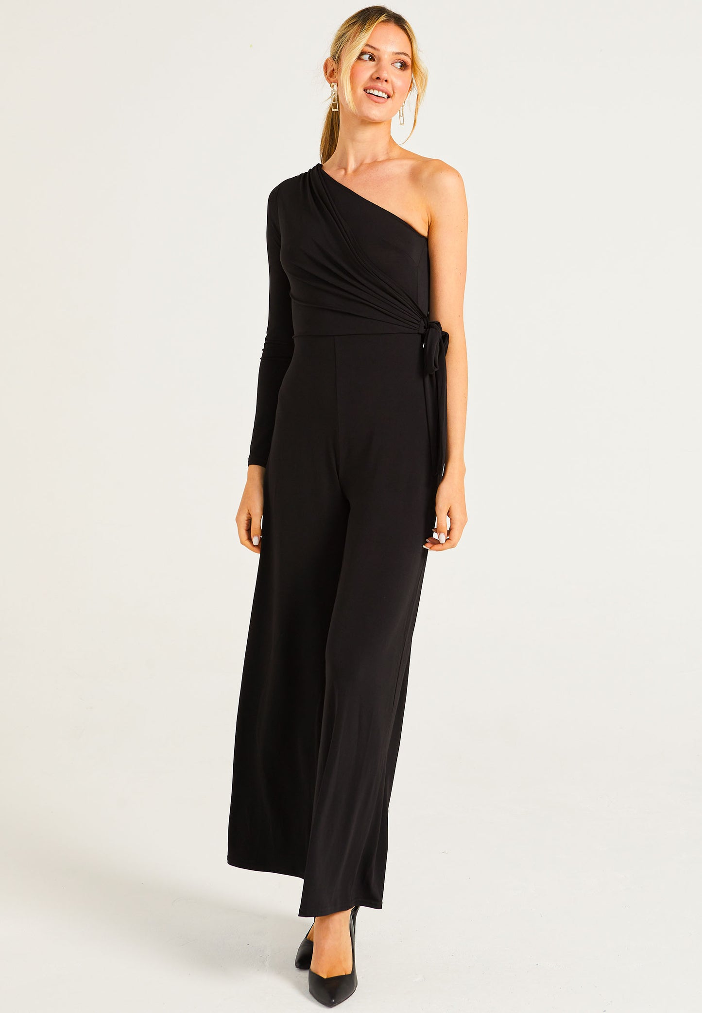 Wide Leg Jumpsuit In One Shoulder Long Sleeve - ANGELEYE