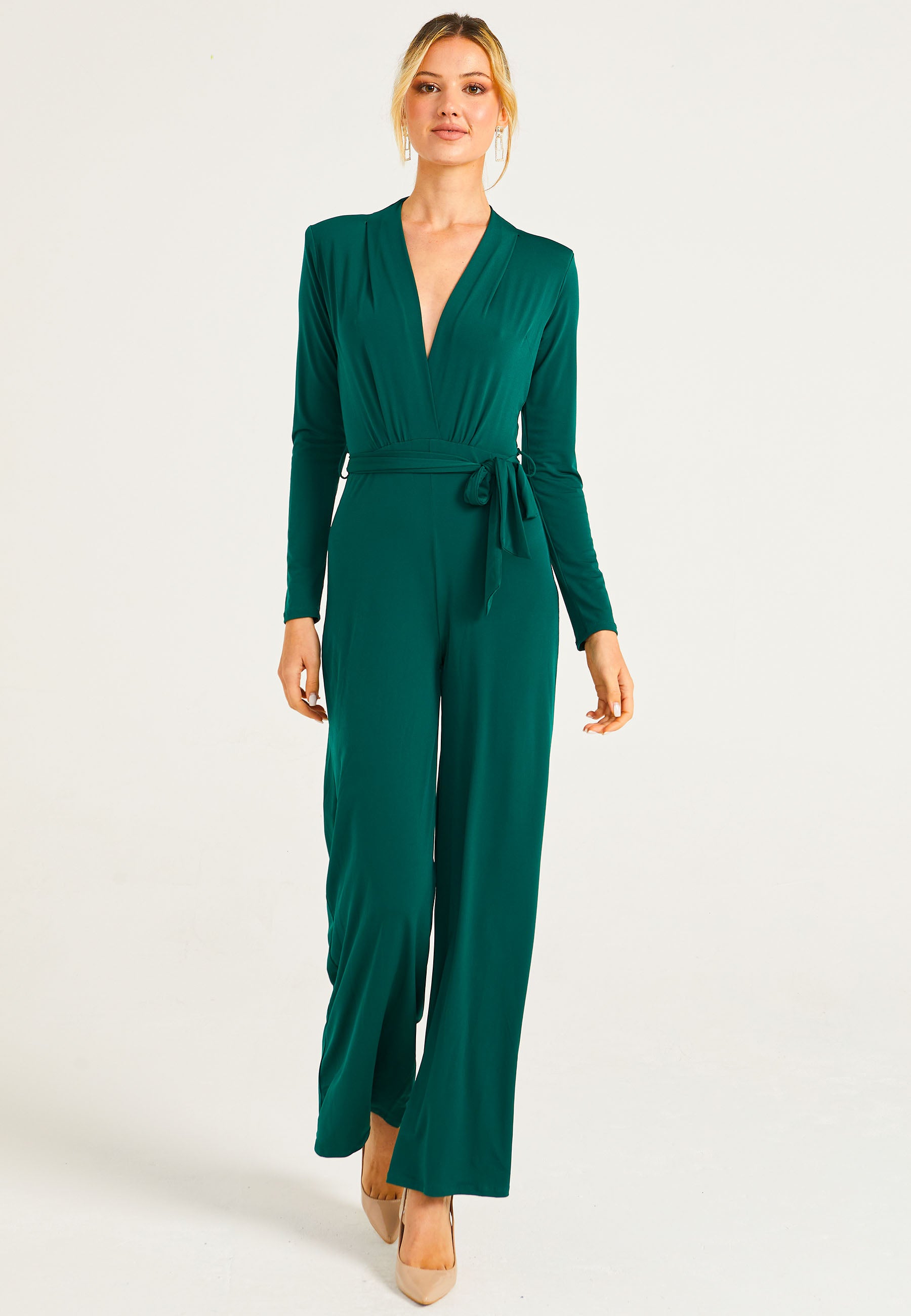 Plunge Neck Wide Leg Jumpsuit in Green ANGELEYE