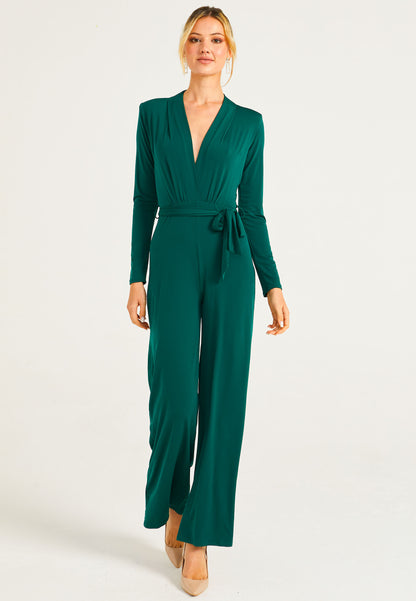 Plunge Neck Wide Leg Jumpsuit With Long Sleeves in Green - ANGELEYE