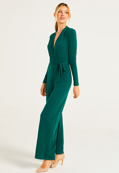 Plunge Neck Wide Leg Jumpsuit With Long Sleeves in Green - ANGELEYE