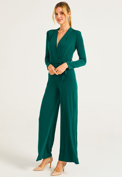 Plunge Neck Wide Leg Jumpsuit With Long Sleeves in Green - ANGELEYE