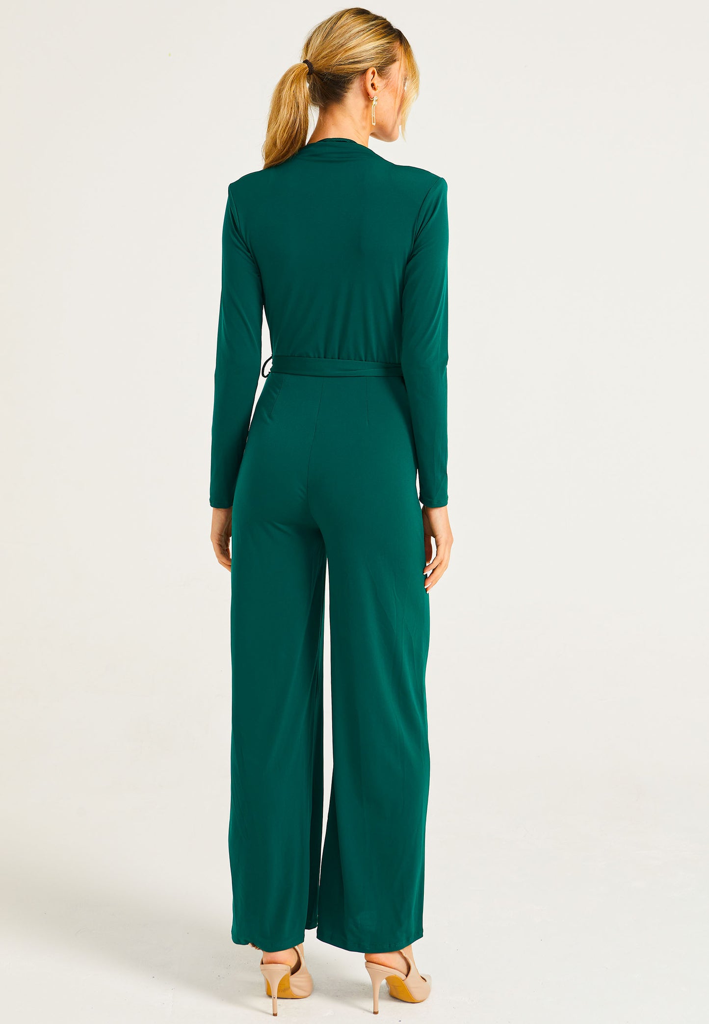 Plunge Neck Wide Leg Jumpsuit With Long Sleeves in Green