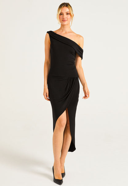 Off Shoulder Faux Wrap Dress With Leg Slit - ANGELEYE