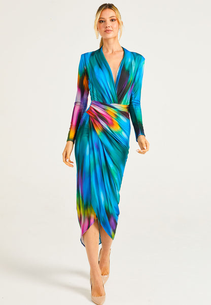 Plunge Neck Faux Wrap Print Midi Dress in Tie Dye - ANGELEYE