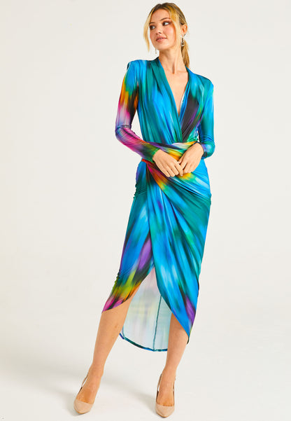 Plunge Neck Faux Wrap Print Midi Dress in Tie Dye - ANGELEYE