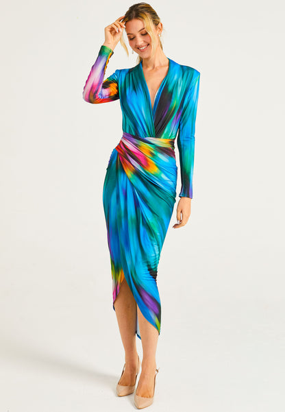 Plunge Neck Faux Wrap Print Midi Dress in Tie Dye - ANGELEYE