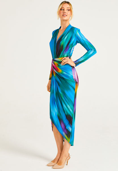 Plunge Neck Faux Wrap Print Midi Dress in Tie Dye - ANGELEYE