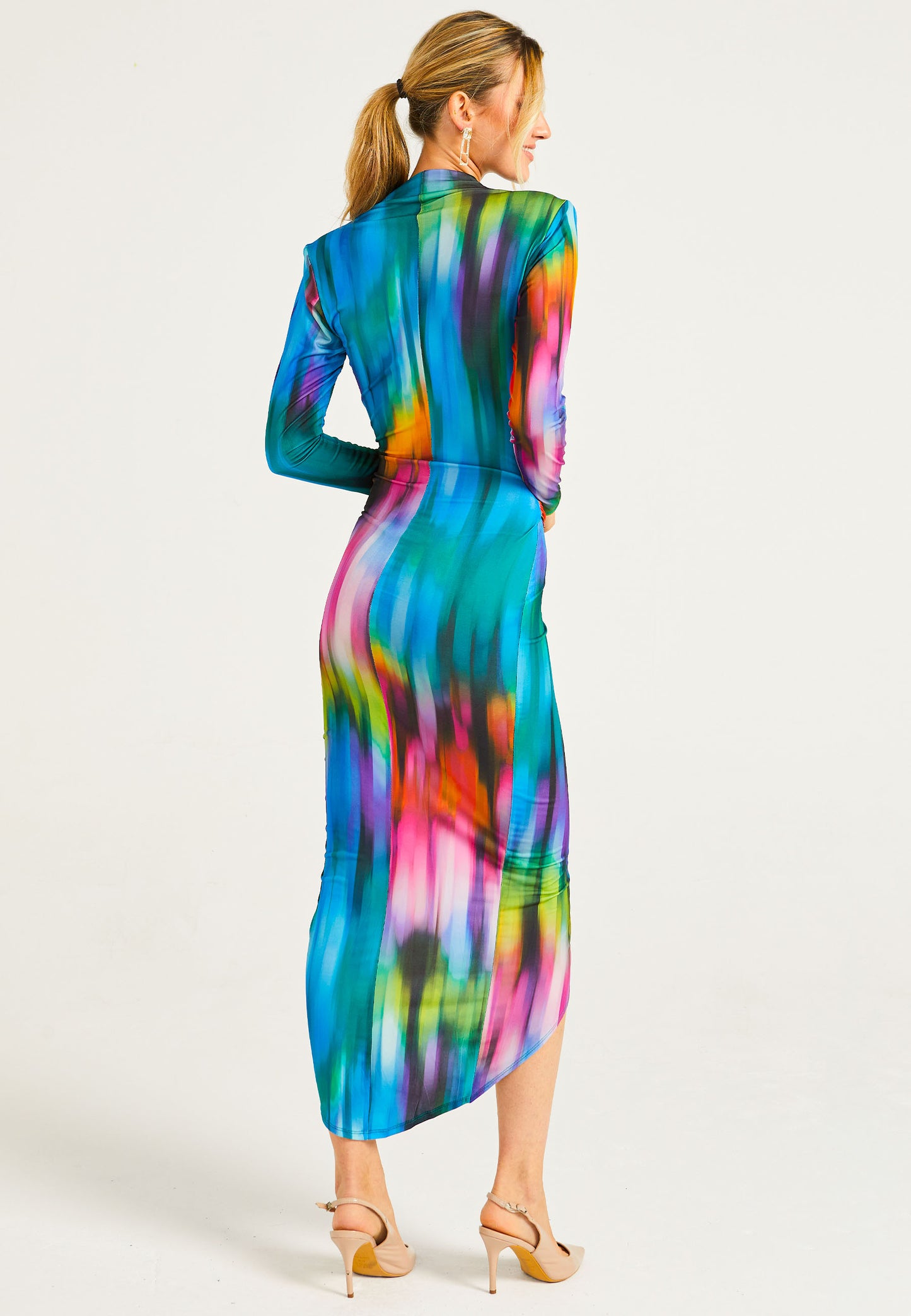 Plunge Neck Faux Wrap Print Midi Dress in Tie Dye