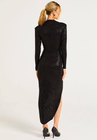 Sequin Faux Wrap Midi Dress in Black