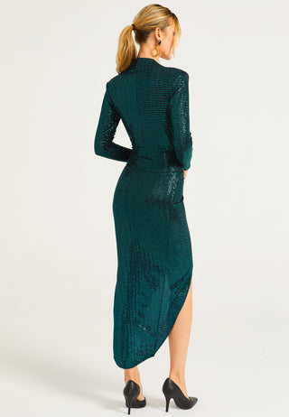 Sequin Faux Wrap Midi Dress in Teal