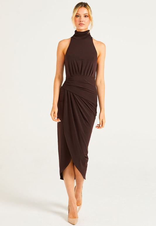 Halter Neck Faux Wrap Dress In Chocolate Brown