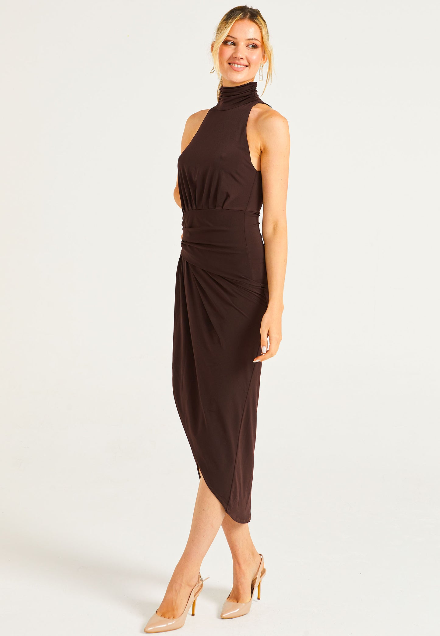 Halter Neck Faux Wrap Dress In Chocolate Brown