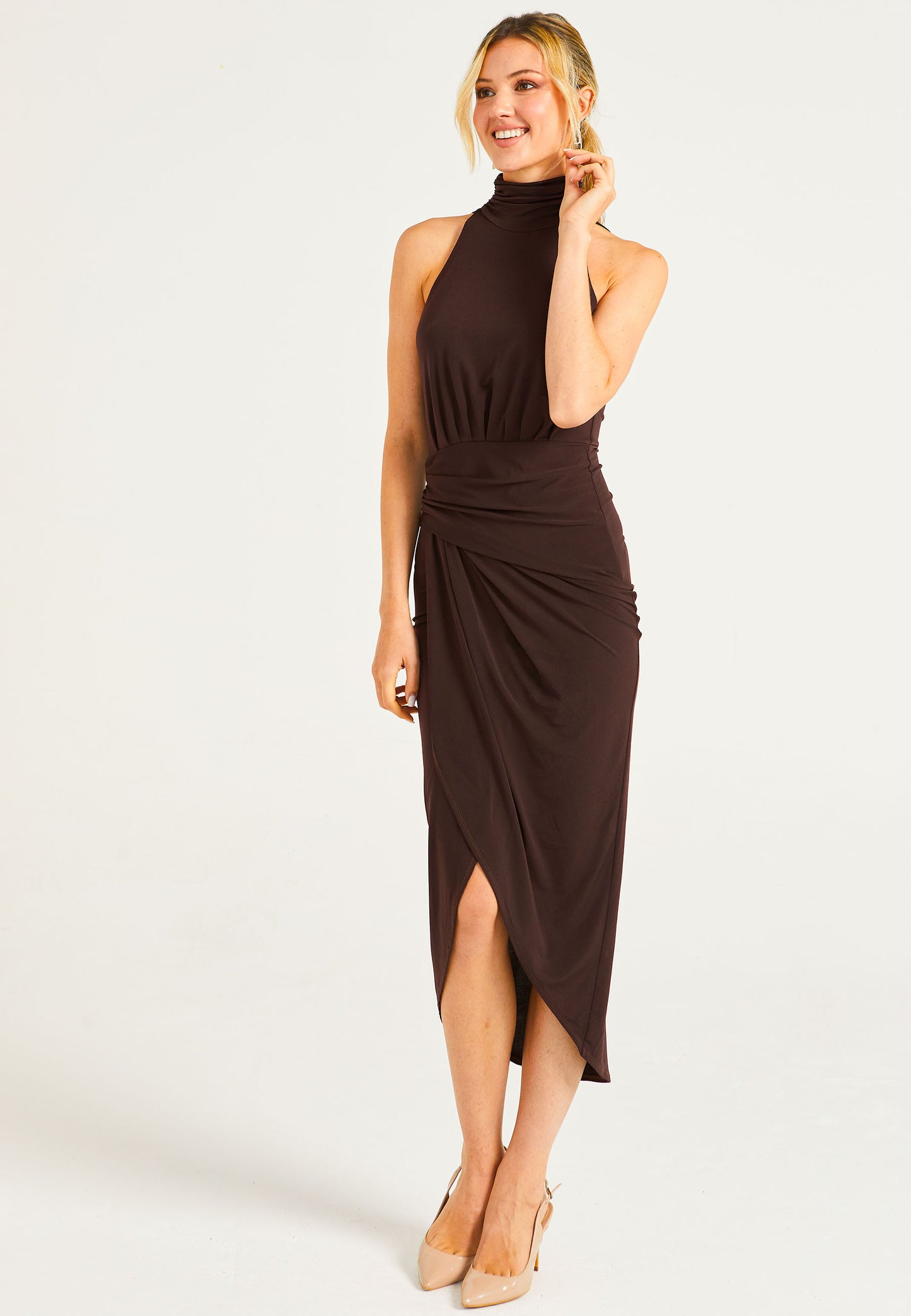 Halter Neck Faux Wrap Dress In Chocolate Brown