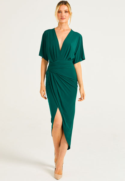 Plunge Neck Wrap Style Midi Dress With Flutter Sleeve - ANGELEYE