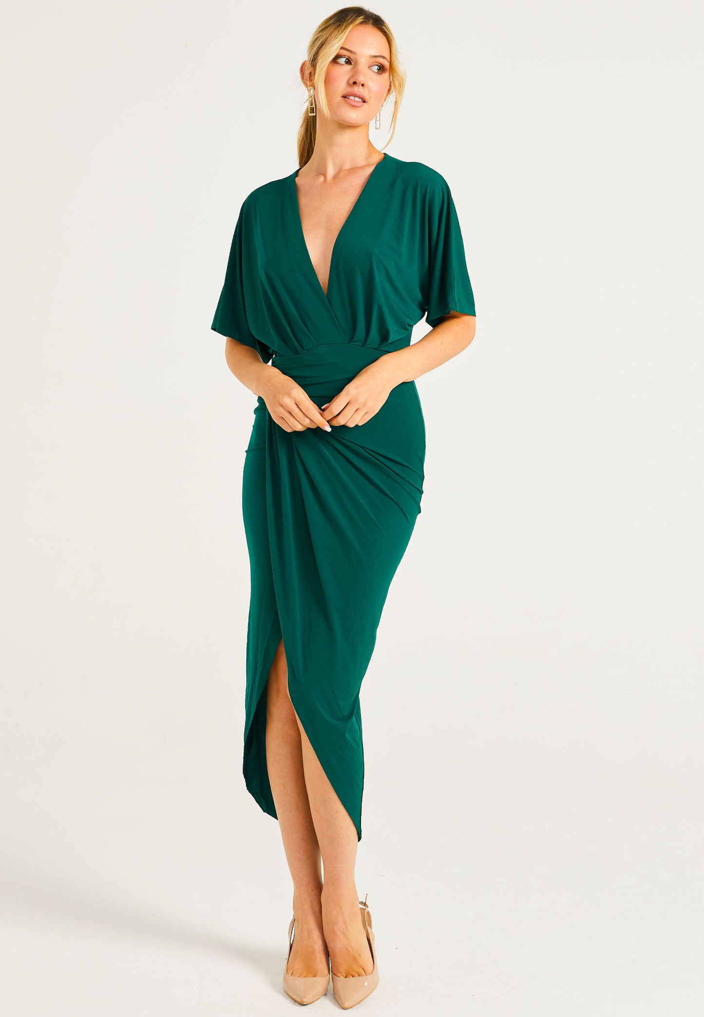 Plunge Neck Wrap Style Midi Dress With Flutter Sleeve