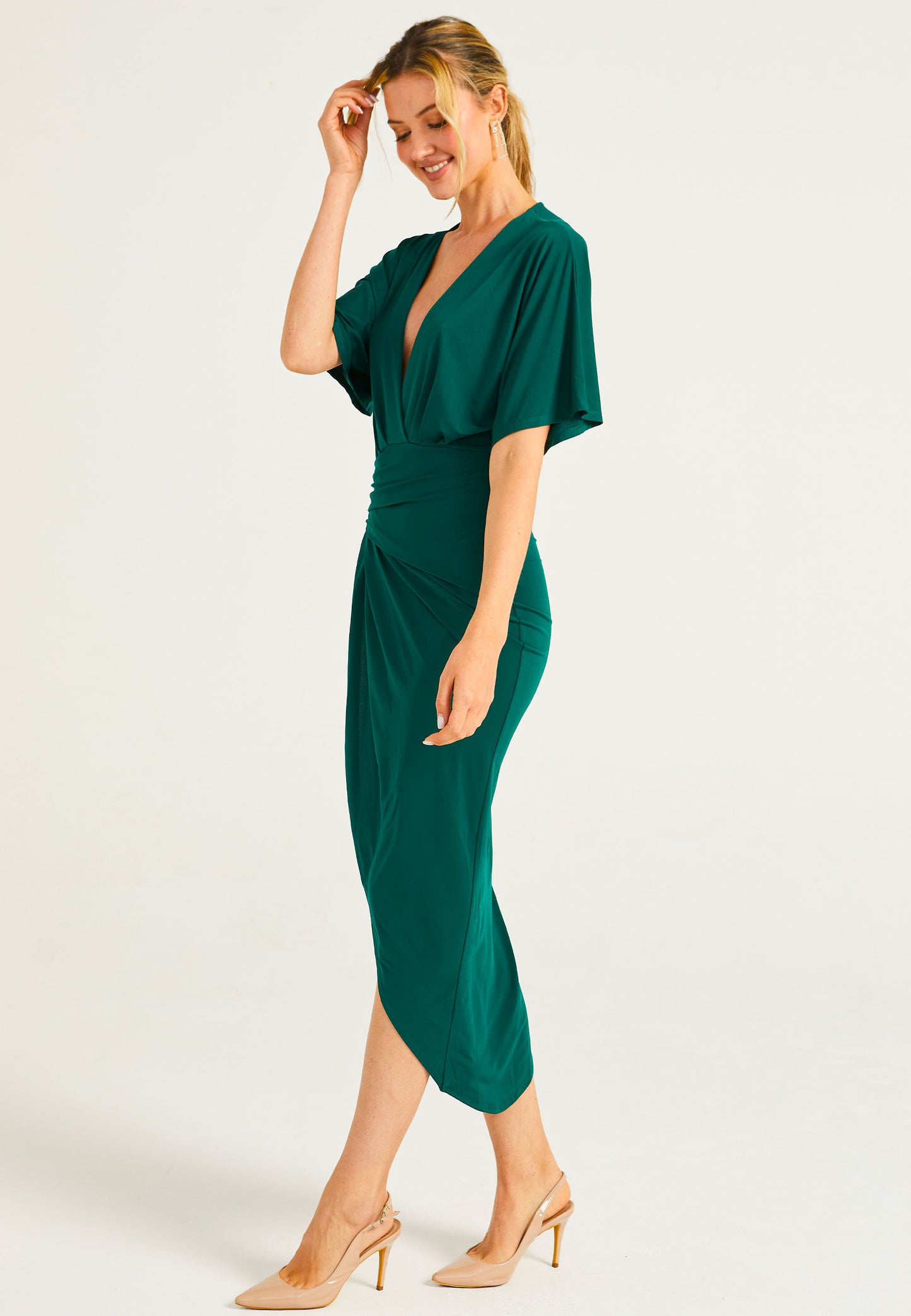 Plunge Neck Wrap Style Midi Dress With Flutter Sleeve